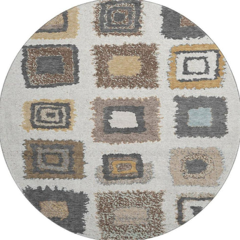 8' Ivory Gray And Brown Geometric Washable Round Rug With UV Protection