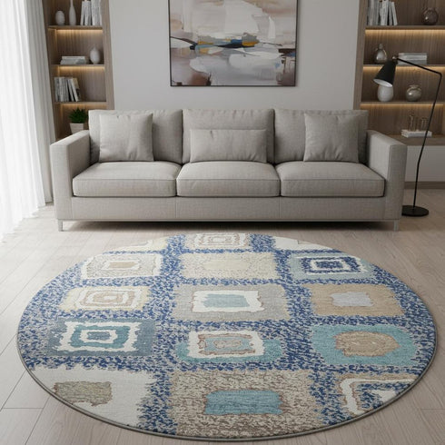 8' Navy Blue Ivory And Beige Geometric Washable Round Rug With UV Protection