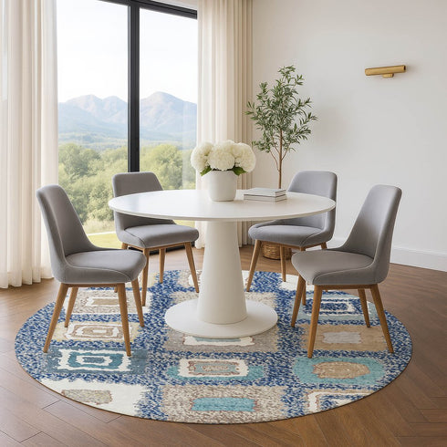 8' Navy Blue Ivory And Beige Geometric Washable Round Rug With UV Protection