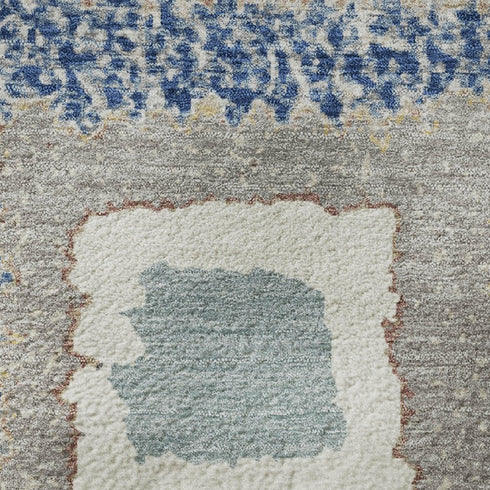8' Navy Blue Ivory And Beige Geometric Washable Round Rug With UV Protection