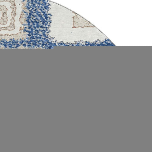 8' Navy Blue Ivory And Beige Geometric Washable Round Rug With UV Protection