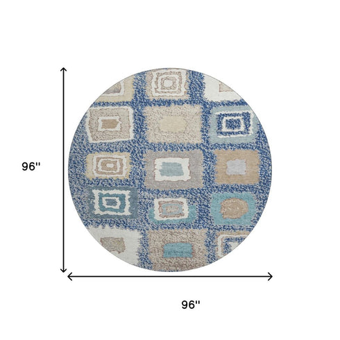 8' Navy Blue Ivory And Beige Geometric Washable Round Rug With UV Protection