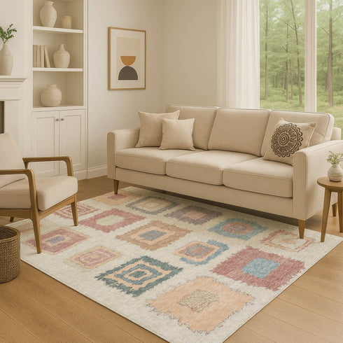 8' X 10' Peach Ivory And Blue Geometric Washable Area Rug With UV Protection