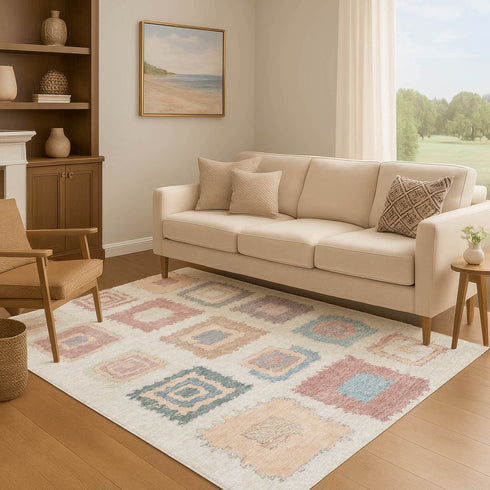 8' X 10' Peach Ivory And Blue Geometric Washable Area Rug With UV Protection