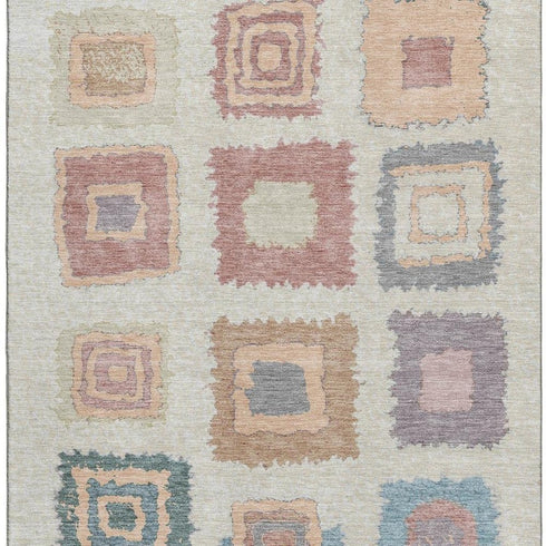 8' X 10' Peach Ivory And Blue Geometric Washable Area Rug With UV Protection