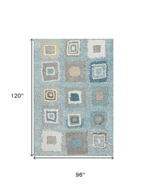 8' X 10' Teal Ivory And Beige Geometric Washable Area Rug With UV Protection