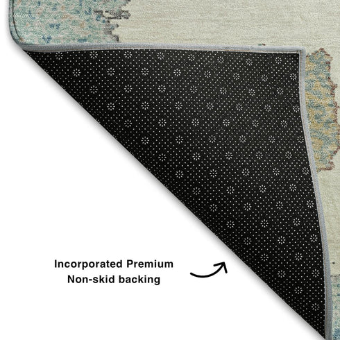 8' X 10' Teal Ivory And Beige Geometric Washable Area Rug With UV Protection