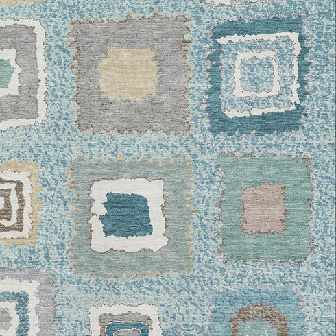 8' X 10' Teal Ivory And Beige Geometric Washable Area Rug With UV Protection
