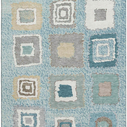 8' X 10' Teal Ivory And Beige Geometric Washable Area Rug With UV Protection