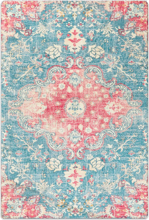 8' X 10' Blue Pink And Ivory Medallion Distressed Area Rug