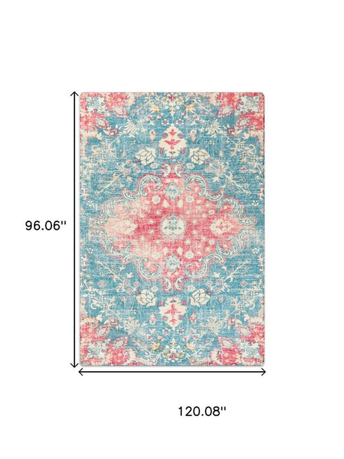 8' X 10' Blue Pink And Ivory Medallion Distressed Area Rug