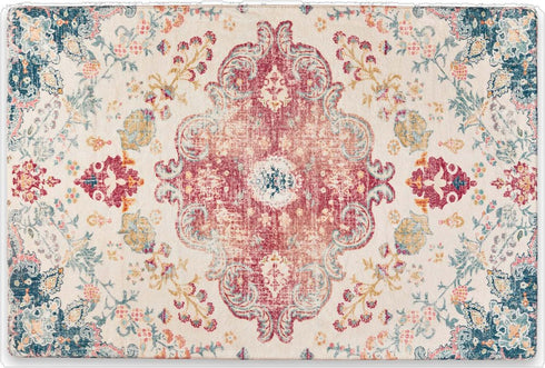 8' X 10' Ivory Pink And Blue Medallion Distressed Washable Area Rug