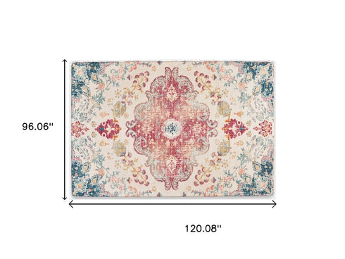 8' X 10' Ivory Pink And Blue Medallion Distressed Washable Area Rug