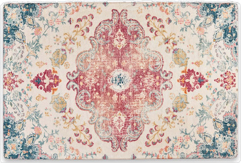 8' X 10' Ivory Pink And Blue Medallion Distressed Washable Area Rug