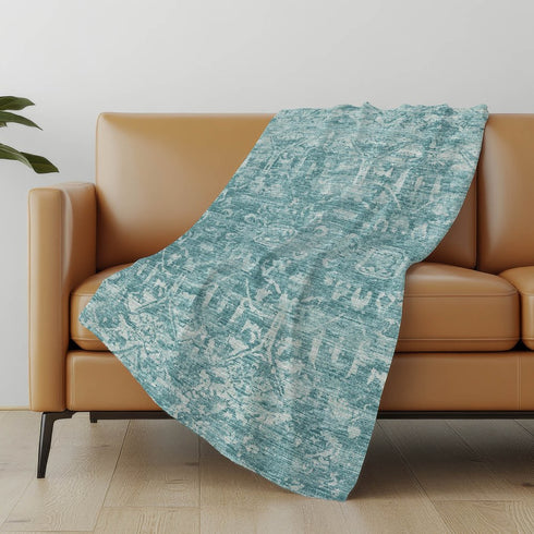 50" X 70" Blue And Ivory Damask Plush Throw Blanket