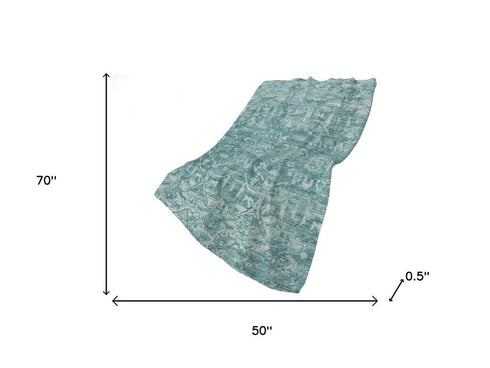 50" X 70" Blue And Ivory Damask Plush Throw Blanket