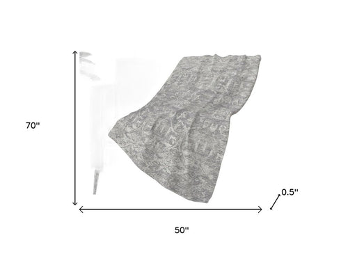 50" X 70" Gray And Ivory Damask Polyester Woven Plush Throw Blanket