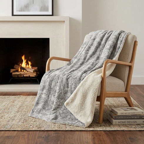 50" X 70" Gray And Ivory Damask Polyester Woven Plush Throw Blanket