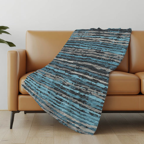50" X 70" Blue And Charcoal Striped Microfiber Plush Throw Blanket
