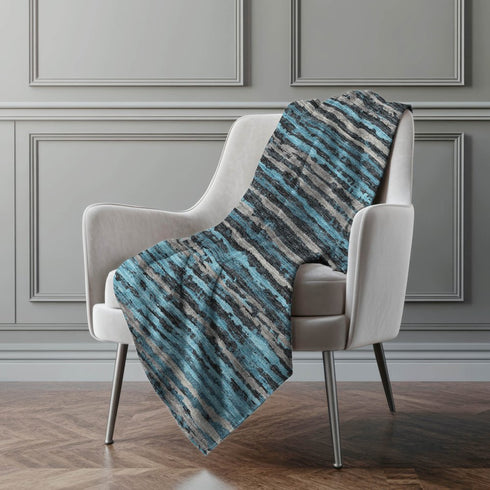 50" X 70" Blue And Charcoal Striped Microfiber Plush Throw Blanket