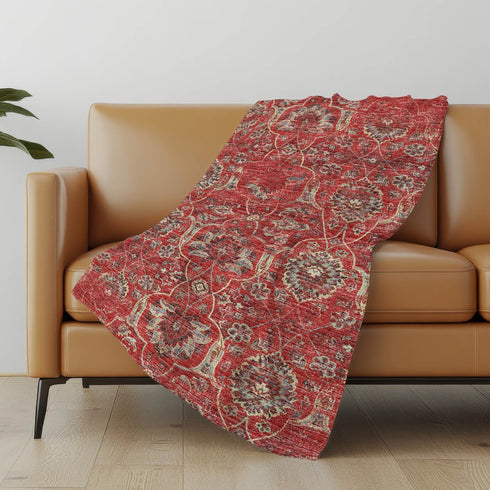 50" X 70" Red Pewter And Beige Damask Microfiber Plush Throw Blanket