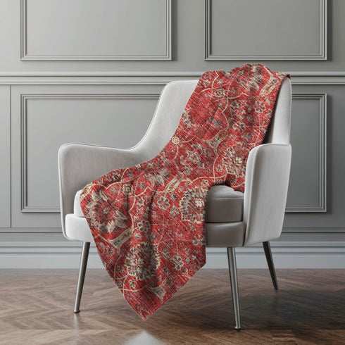 50" X 70" Red Pewter And Beige Damask Microfiber Plush Throw Blanket