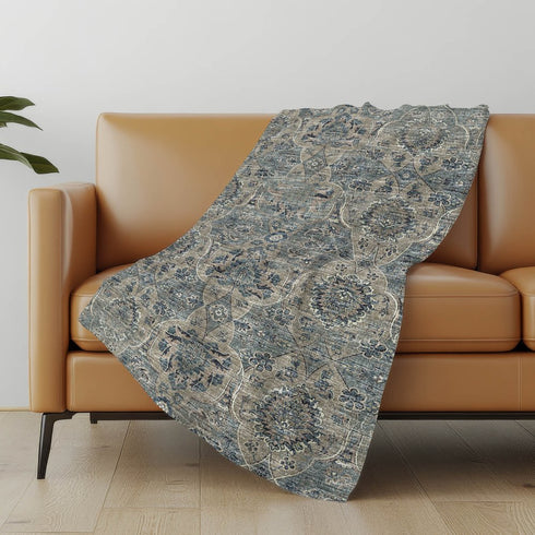 50" X 70" Blue And Pewter Damask Polyester Woven Plush Throw Blanket