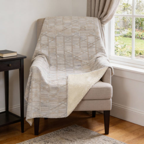 50" X 70" Ivory And Beige Geometric Microfiber Plush Throw Blanket