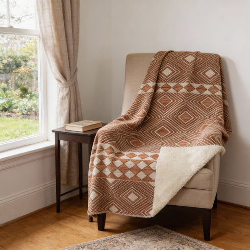 50" X 70" Rust And Ivory Geometric Microfiber Plush Throw Blanket