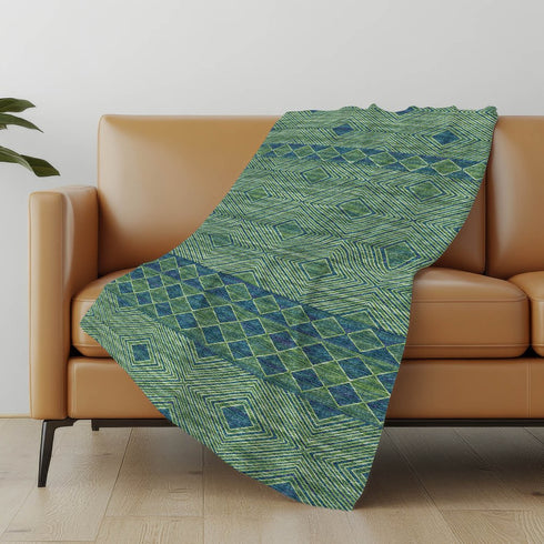 50" X 70" Green And Blue Geometric Microfiber Plush Throw Blanket