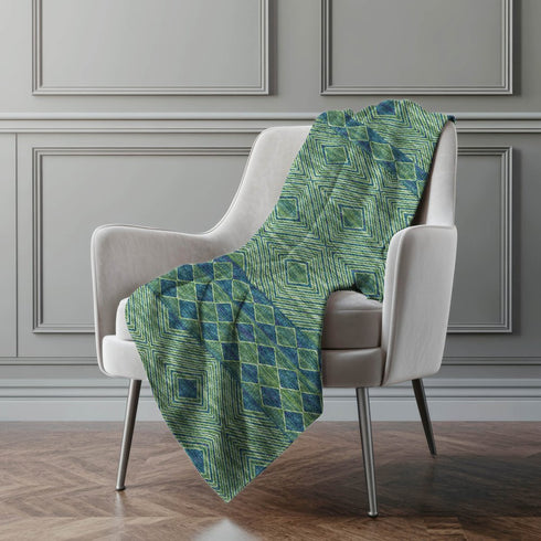 50" X 70" Green And Blue Geometric Microfiber Plush Throw Blanket