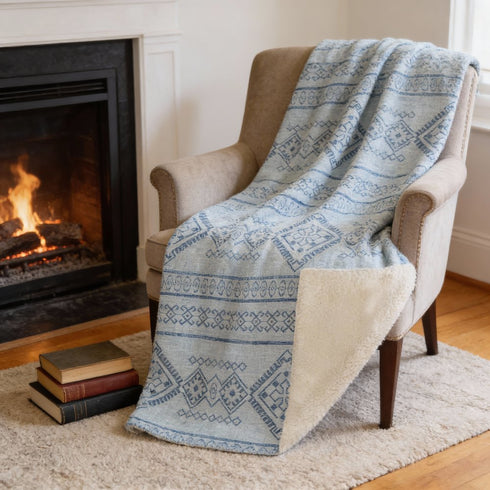 50" X 70" Blue And Light Blue Geometric Microfiber Plush Throw Blanket