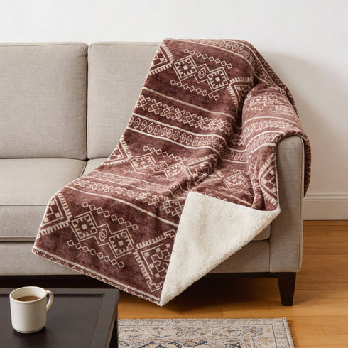 50" X 70" Rust And Ivory Geometric Microfiber Plush Throw Blanket