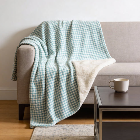 50" X 70" Aqua And White Houndstooth Microfiber Plush Throw Blanket