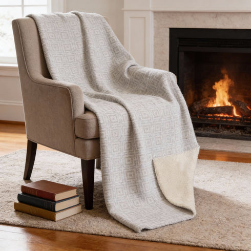 50" X 70" Linen And Ivory Geometric Microfiber Plush Throw Blanket