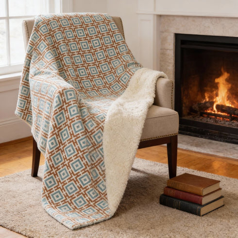 50" X 70" Orange Ivory And Teal Geometric Microfiber Plush Throw Blanket