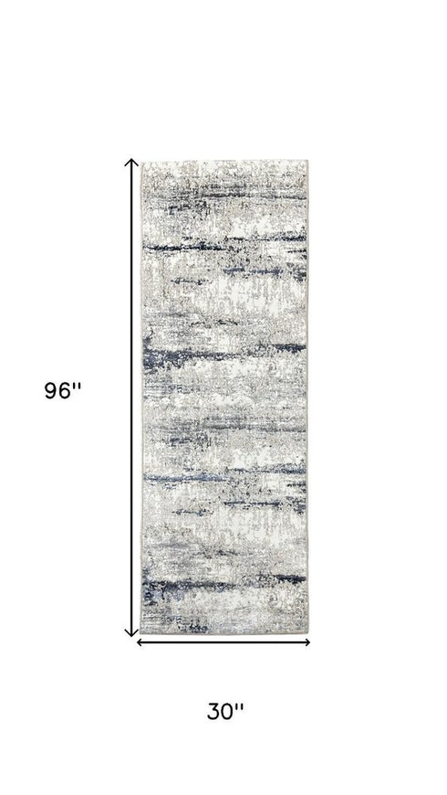 8' Gray And Blue Abstract Distressed Runner Rug