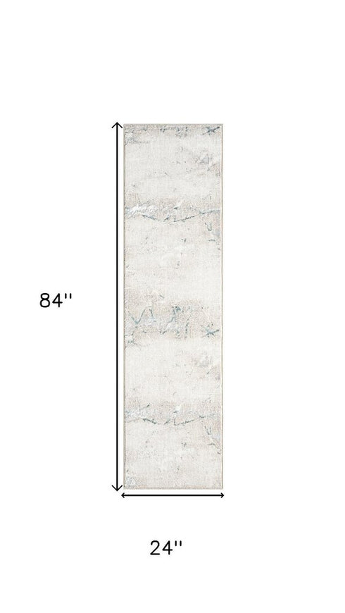7' Beige And Blue Abstract Distressed Runner Rug
