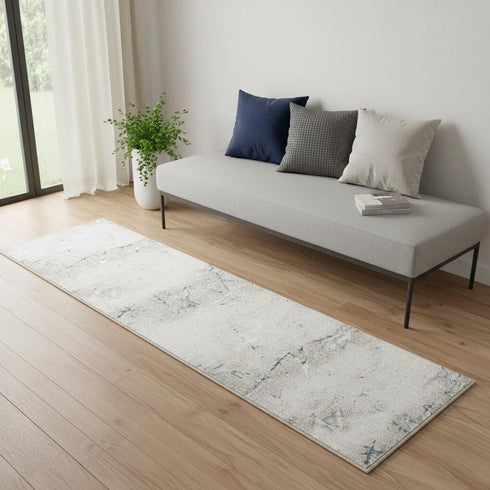 7' Beige And Blue Abstract Distressed Runner Rug