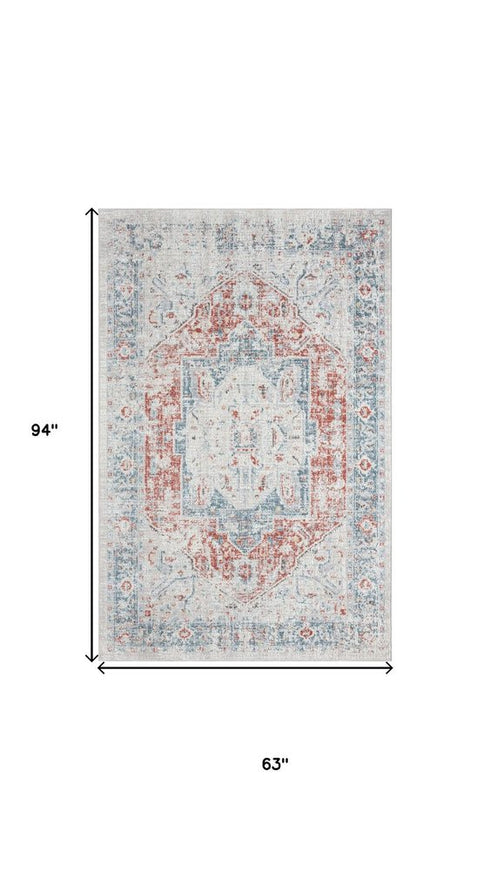 5' X 8' Blue And Orange Medallion Distressed Area Rug