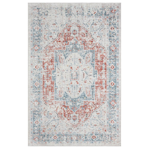 5' X 8' Blue And Orange Medallion Distressed Area Rug