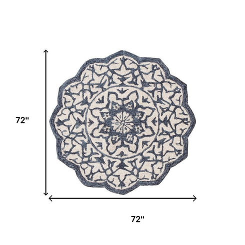 6' Blue And Ivory Wool Medallion Hand Tufted Round Rug