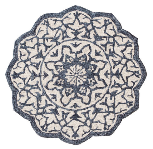 6' Blue And Ivory Wool Medallion Hand Tufted Round Rug