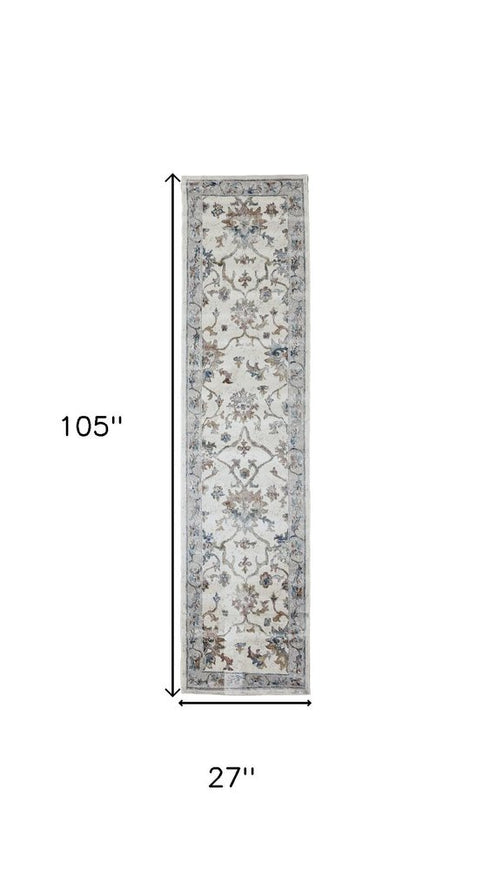 9' Blue And Beige Floral Runner Rug