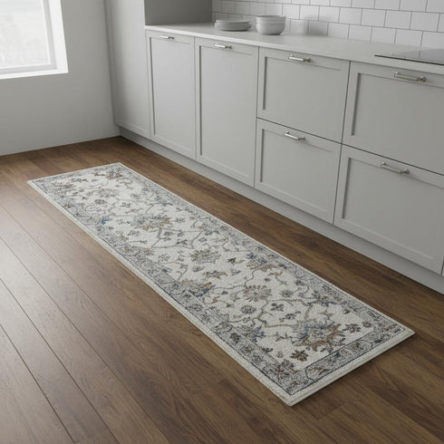 9' Blue And Beige Floral Runner Rug