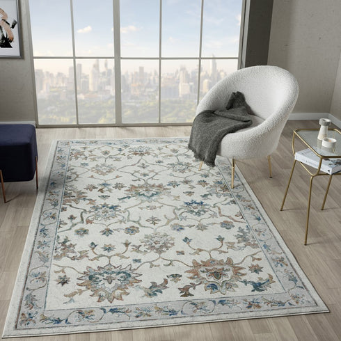 9' Blue And Beige Floral Runner Rug