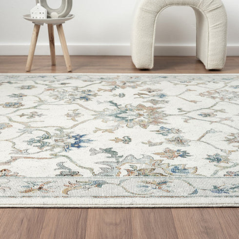 9' Blue And Beige Floral Runner Rug