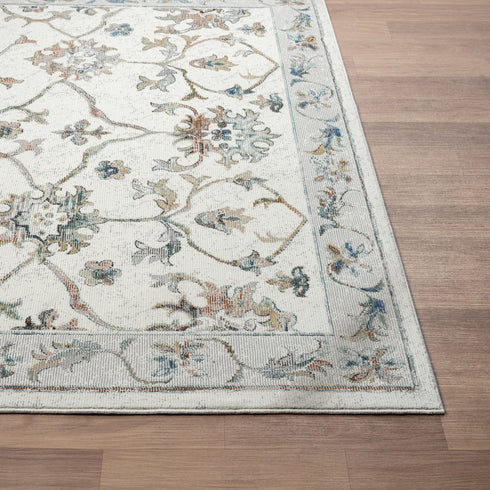 9' Blue And Beige Floral Runner Rug