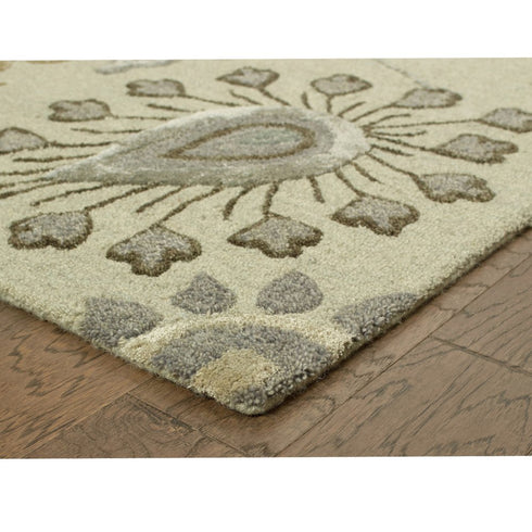 9' X 12' Light Gray And Cream Wool Floral Hand Tufted Area Rug