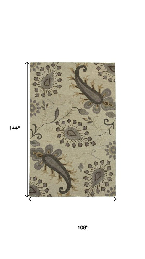 9' X 12' Light Gray And Cream Wool Floral Hand Tufted Area Rug
